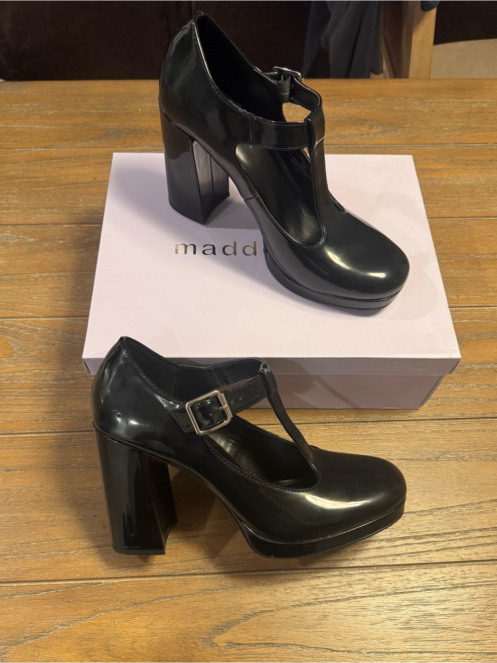 Madden Girl Black Patent T-Strap Chunky Heel Pumps